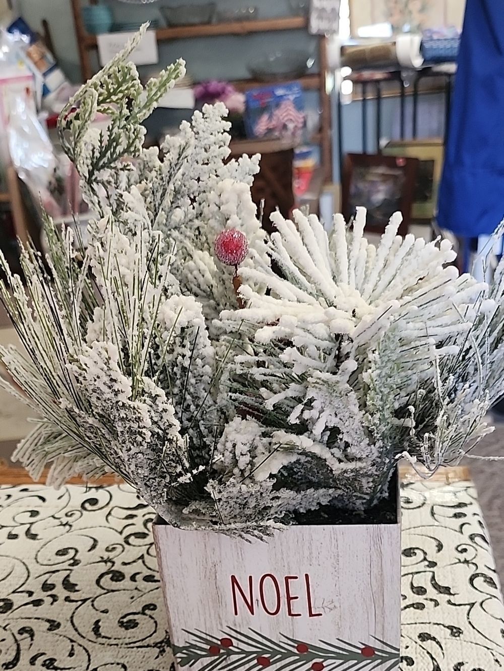 Noel Frosted Pine Arrangement - White & Green Holiday Accent
